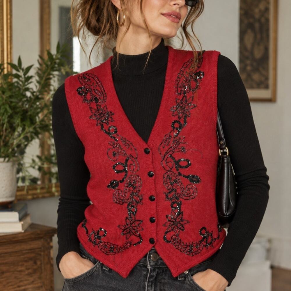 Alfred Dunner Vintage 90s Beaded Sweater Vest Petite M Red Paisley Grandmacore